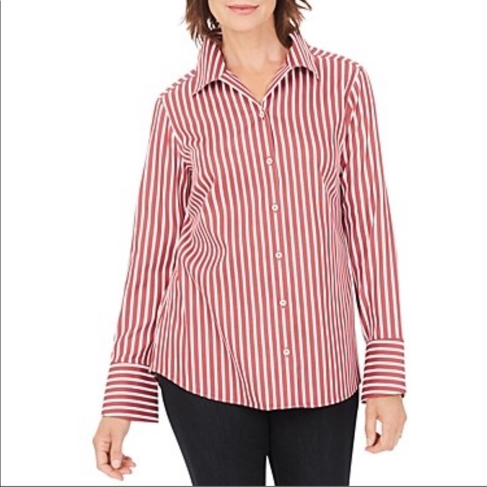 Foxcroft red white stripe button down long sleeve wrinkle free blouse size 8p